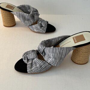 Dolce Vita Jene Striped Mules Knotted Raffia Heel Sandals Black & White ~ Size 7